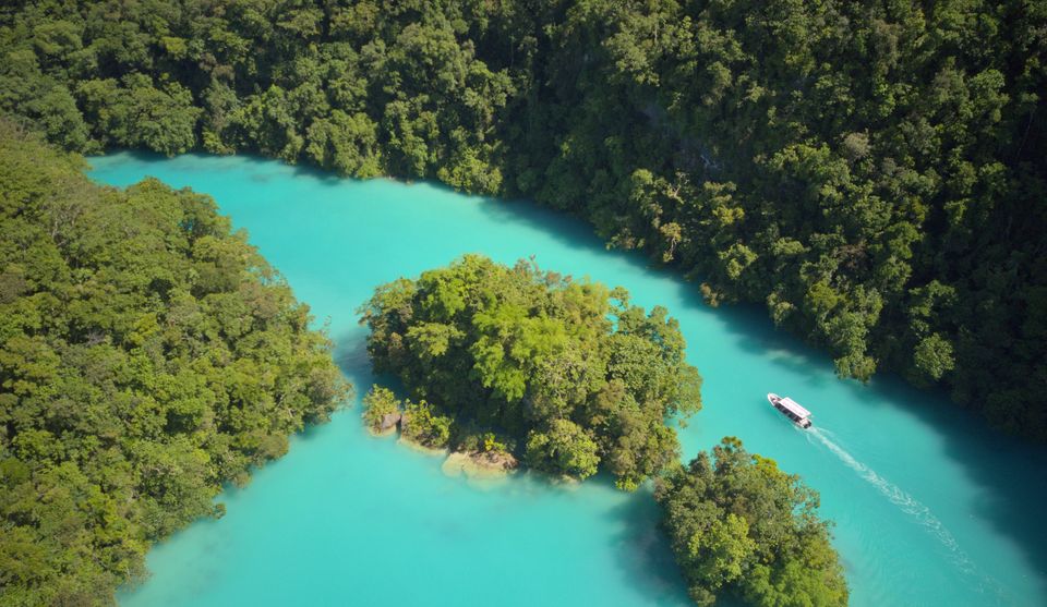 Boat wake through the Rock Islands, Palau